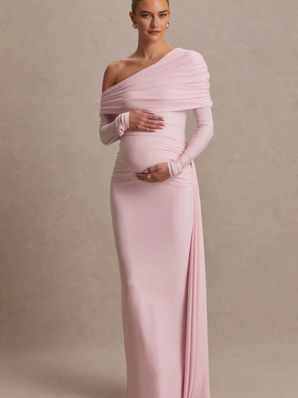 Club L London One-Shoulder Maxi Maternity Dress in Blush Pink